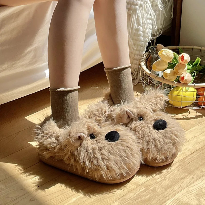 Chaussons Chien Cartoon Plush Hiver Femme – Coton Chaud Non-Slip Intérieur Maison
