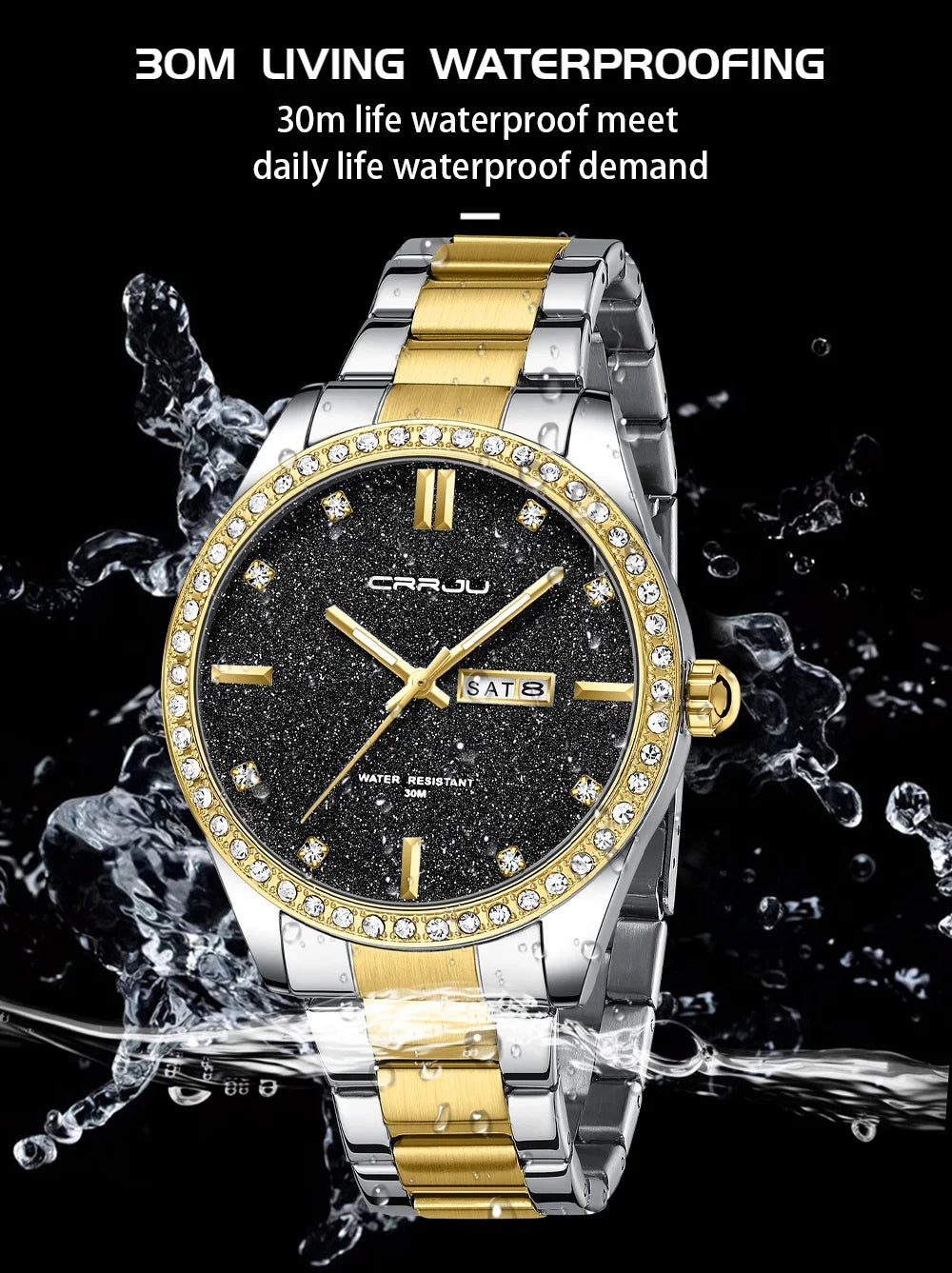 Montre Homme CRRJU Moissanite Diamant Luxe Cadran Doré Acier Inoxydable Lumineux Élégante Premium | Montre CRRJU Moissanite Diamant Luxe Premium