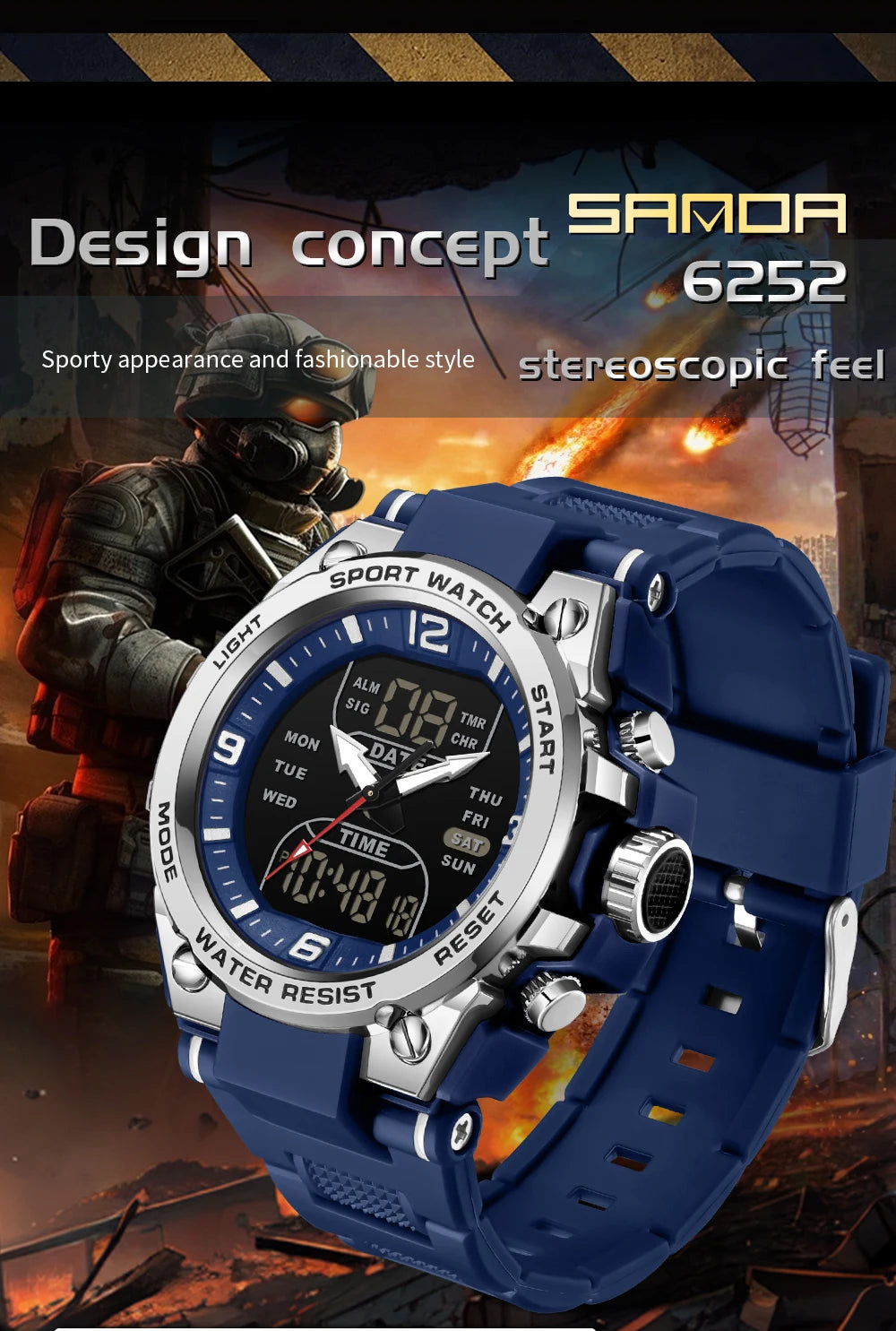 Montre Homme SANDA Militaire Tactique G-Style – LED Digital Quartz Étanche 50M Sport Luxe