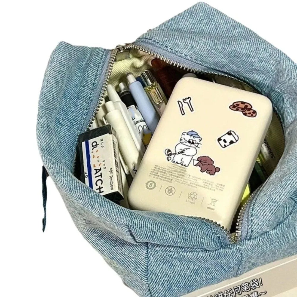Sac Maquillage Denim Bleu Style Coréen – Trousse Voyage Vintage Zipper | Organisateur Étudiant & Crayon