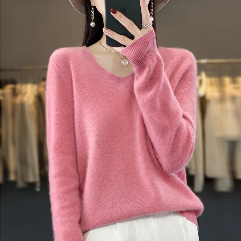 Pull Cachemire 100% Laine Col V Femme - Tricot Casual Korean Fashion Automne Hiver