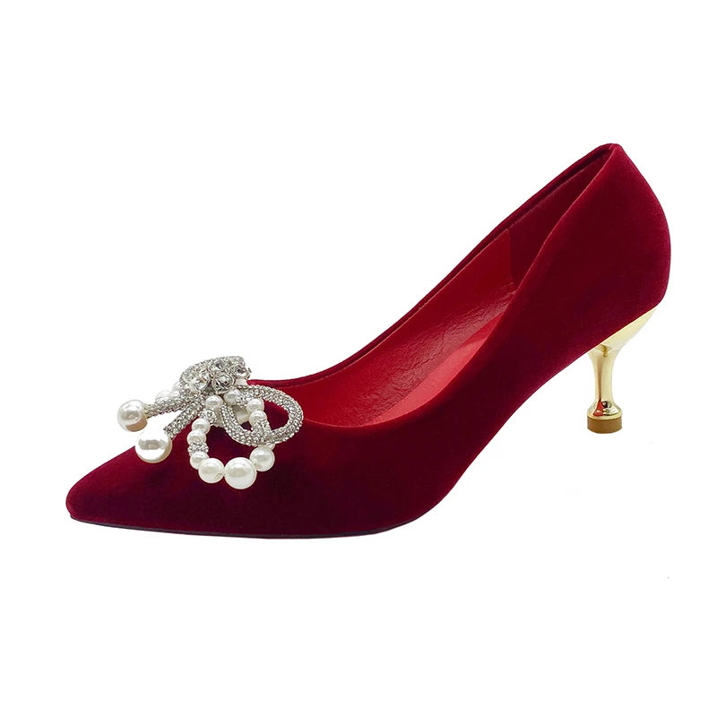 Chaussures Mariée Perle Talon Épais Bout Pointu – Xiuhe Robe Mariage Confortables