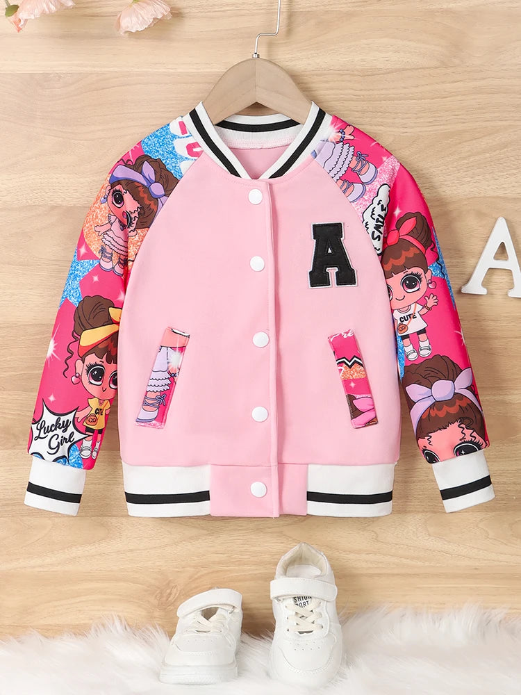 Veste Baseball Fille Imprimé Poupée Cartoon Lettre A – Blouson Casual Printemps Automne Enfant