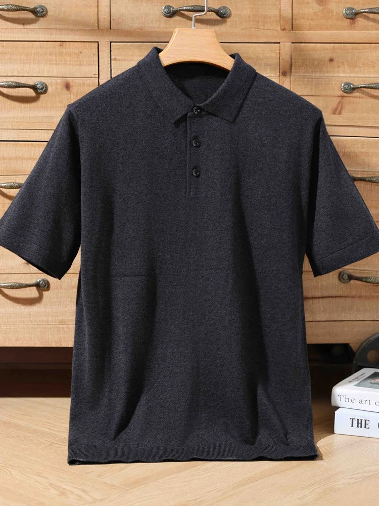 Pull Polo Homme 100% Laine Mérinos – Col Lapierre Manches Courtes Tricoté Loose Été Grande Taille
