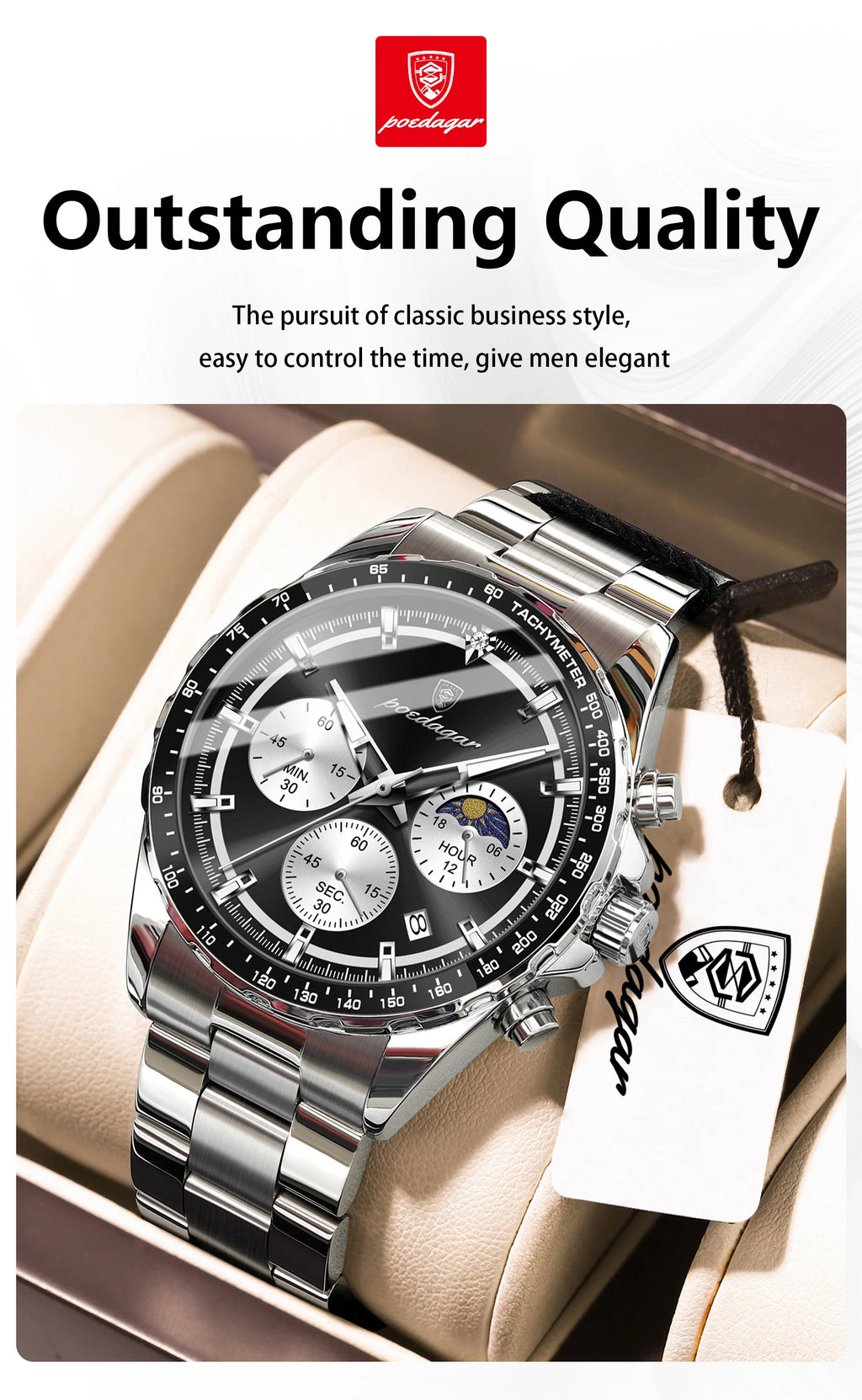 Montre Homme POEDAGAR Business Quartz Chronographe – Acier Lumineux Étanche Date Fashion