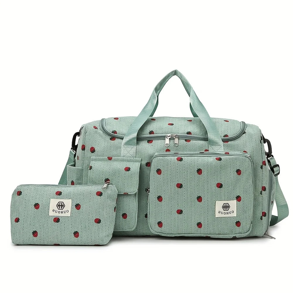 Sac de Voyage Fraise Velours Côtelé – Grande Capacité Bandoulière Léger Sport Fitness Bagage