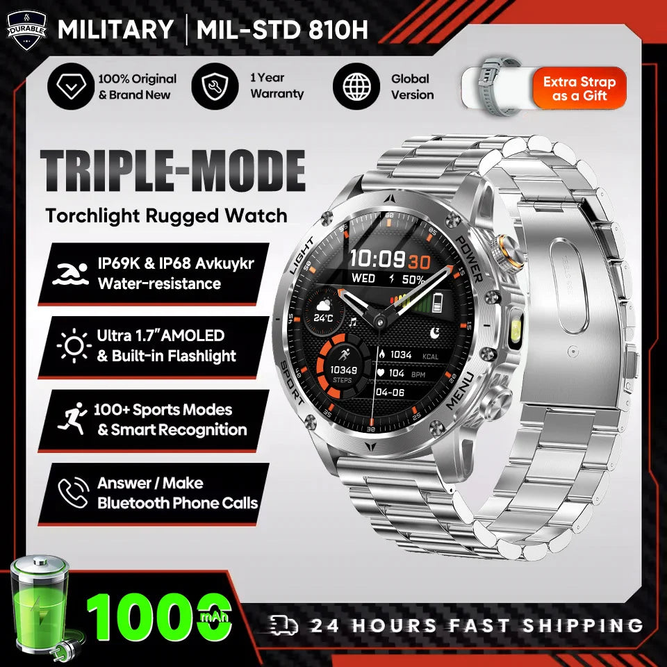 Smartwatch Militaire Homme GPS NFC 3ATM – Montre Connectée Bluetooth 1.7" HD 1000mAh Étanche