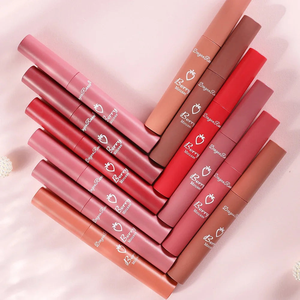 Gloss Lèvres Mat 12 Couleurs Berry Mousse – Glaçure Velours Waterproof Longue Tenue | Rouge à Lèvres Sexy Cosmétique