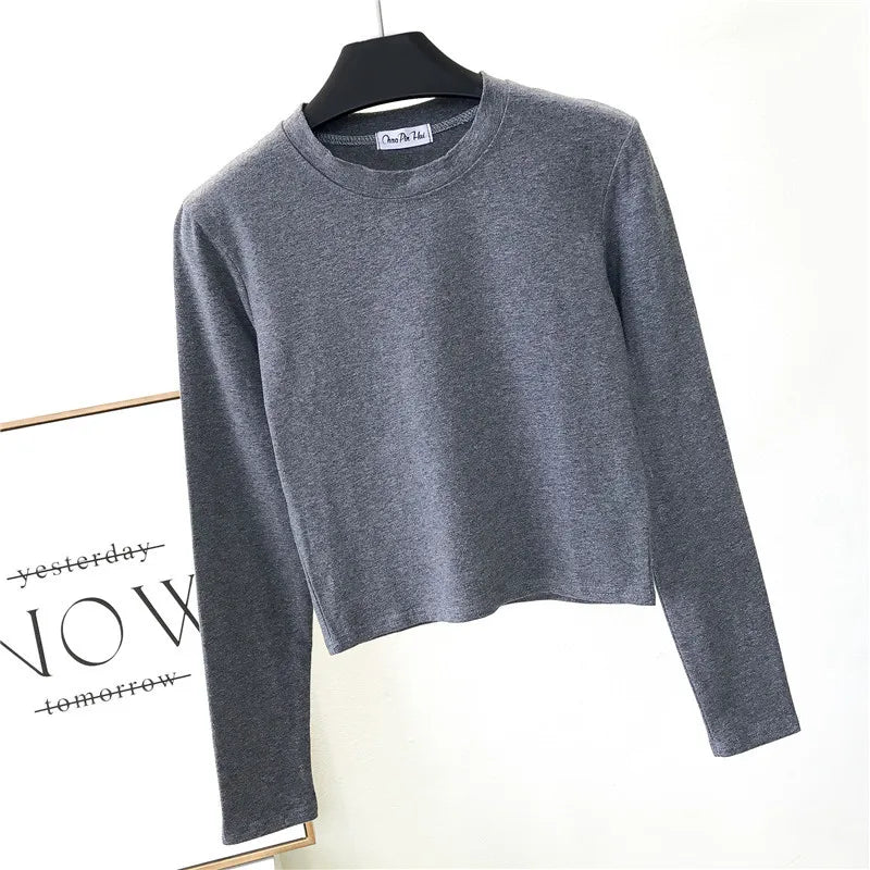 Top Femme Sexy Col Rond Manches Longues Découpe Nombril Basique – Mode Casual & Tendance | Automne