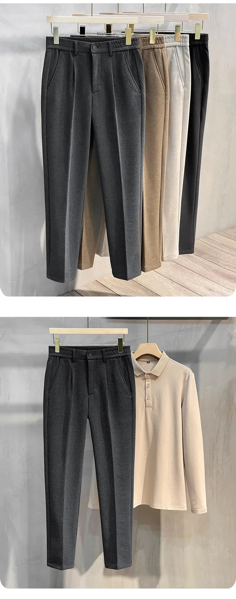 Pantalon Costume Homme Business Droit Laine Épaisse Ceinture Élastique Gris Marron Classique Korean Formal Automne Hiver – Pantalon de Costume Premium Toutes Tailles 28-38 | Mode Homme Business Premium