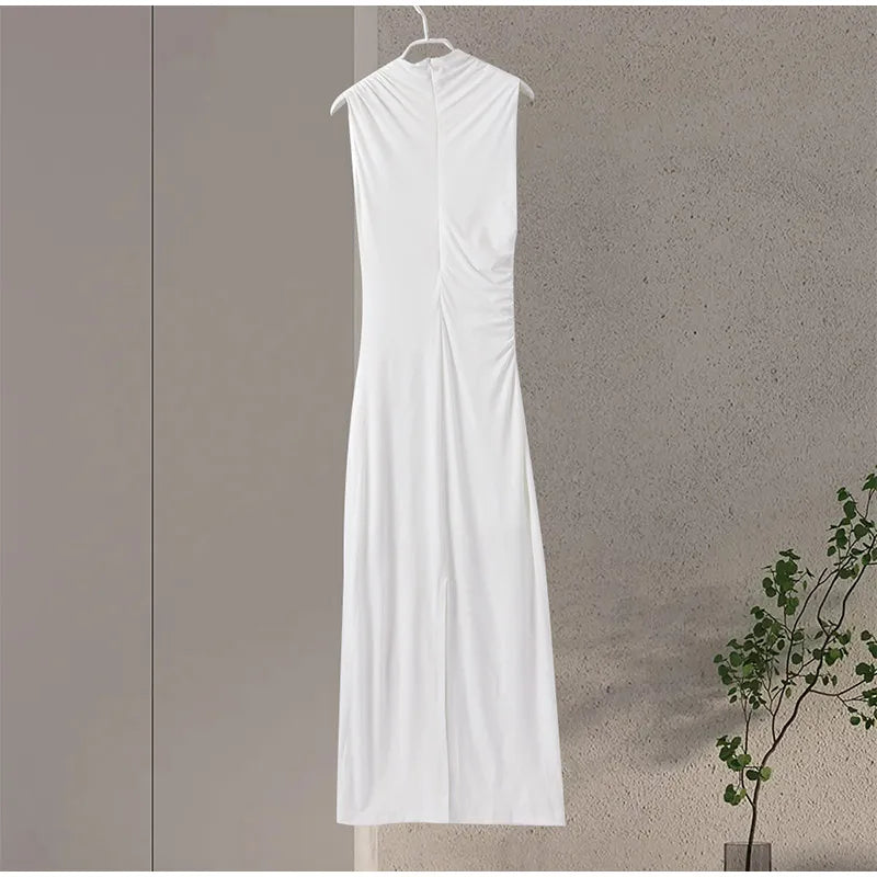 Damen Maxikleid Weiß Plissiert Ärmellos Rundhals – Schlank Machend Elegant | Sommerabend