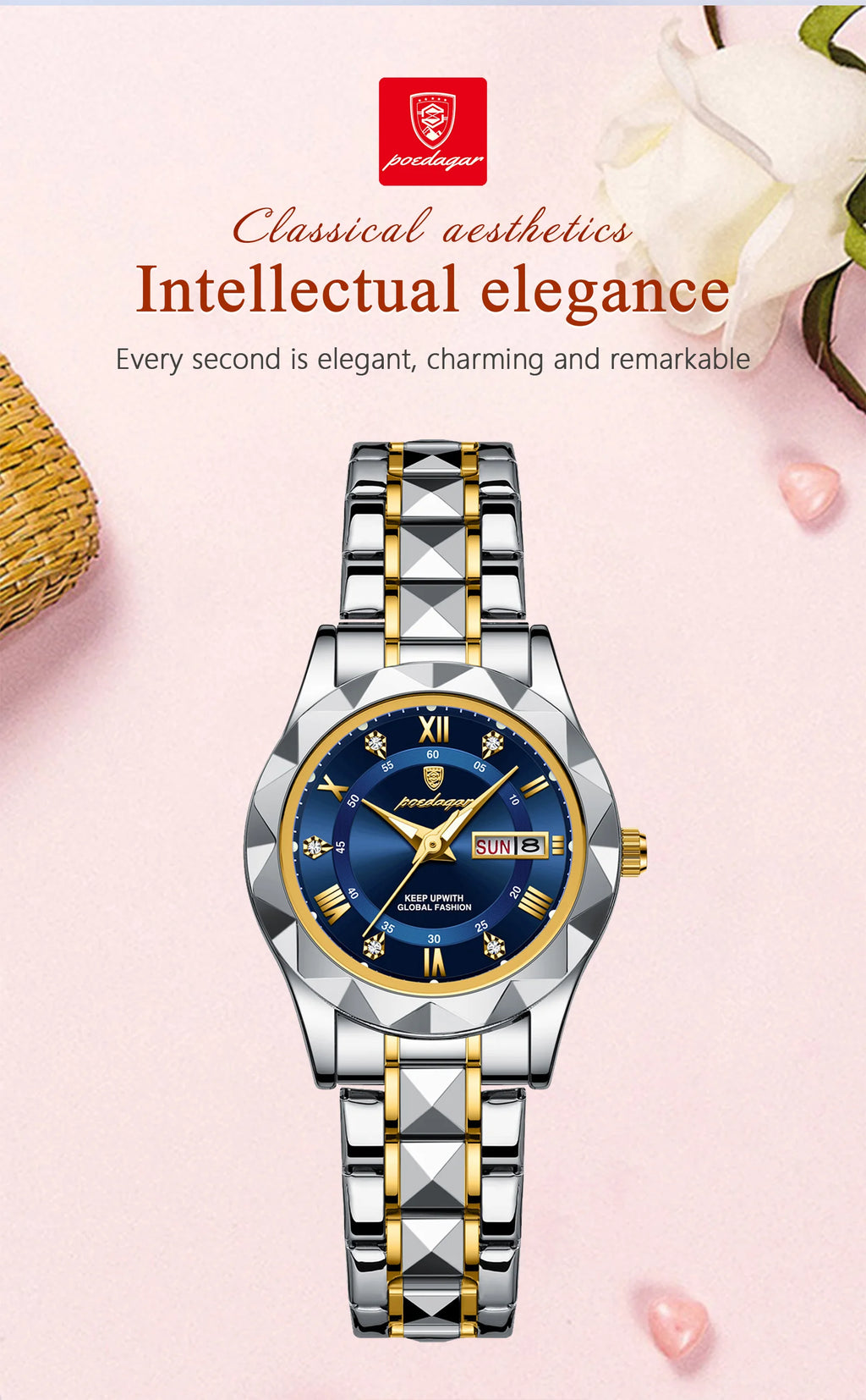 Montre Femme POEDAGAR Élégante Luxe Quartz – Lumineuse Étanche Semaine Date Acier Fashion