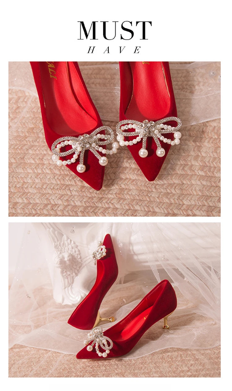 Chaussures Mariée Perle Talon Épais Bout Pointu – Xiuhe Robe Mariage Confortables