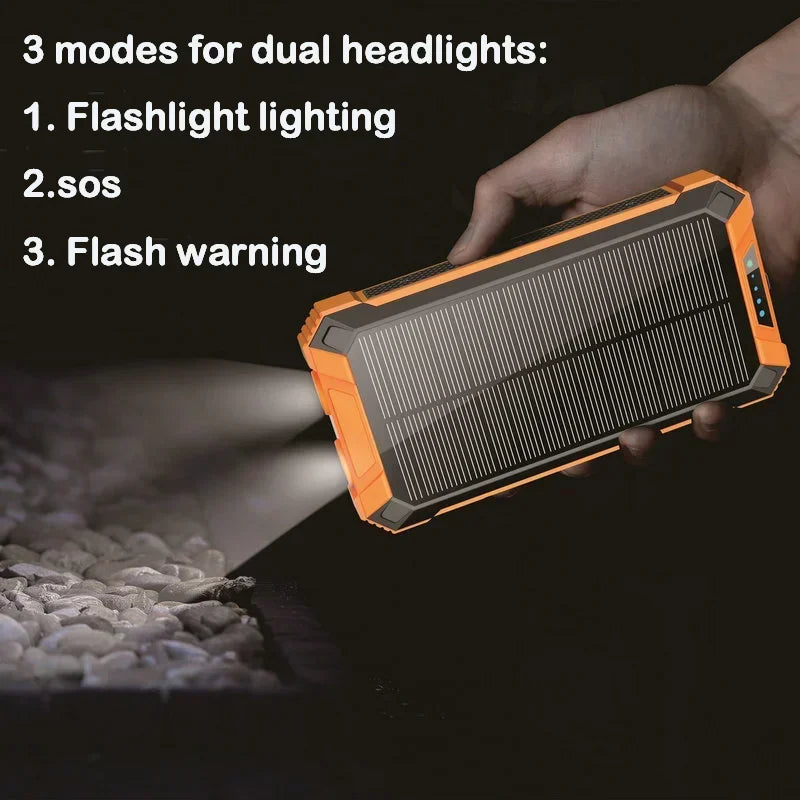 Power Bank Solaire 20000mAh – Charge Rapide Sans Fil 4 Câbles LED Lampe Torche Multifonction
