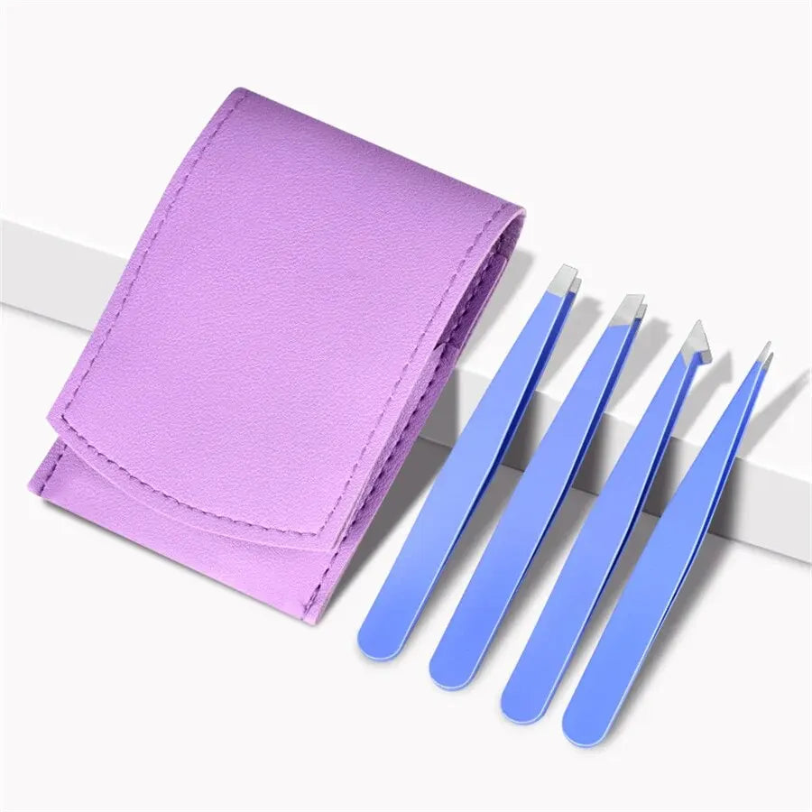 Kit 4 Pinces à Sourcils Inox Professionnelles – Bec Droit & Biaisé | Épilation Précise & Taille Sourcils | Outil Beauté Femme