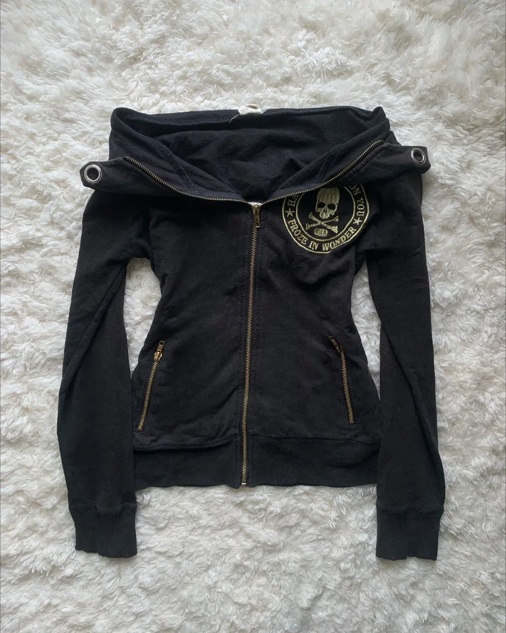Sweat À Capuche Femme Y2K Retro Zip Harajuku Slim Sexy – Broderie Tête de Mort Gothique | Automne