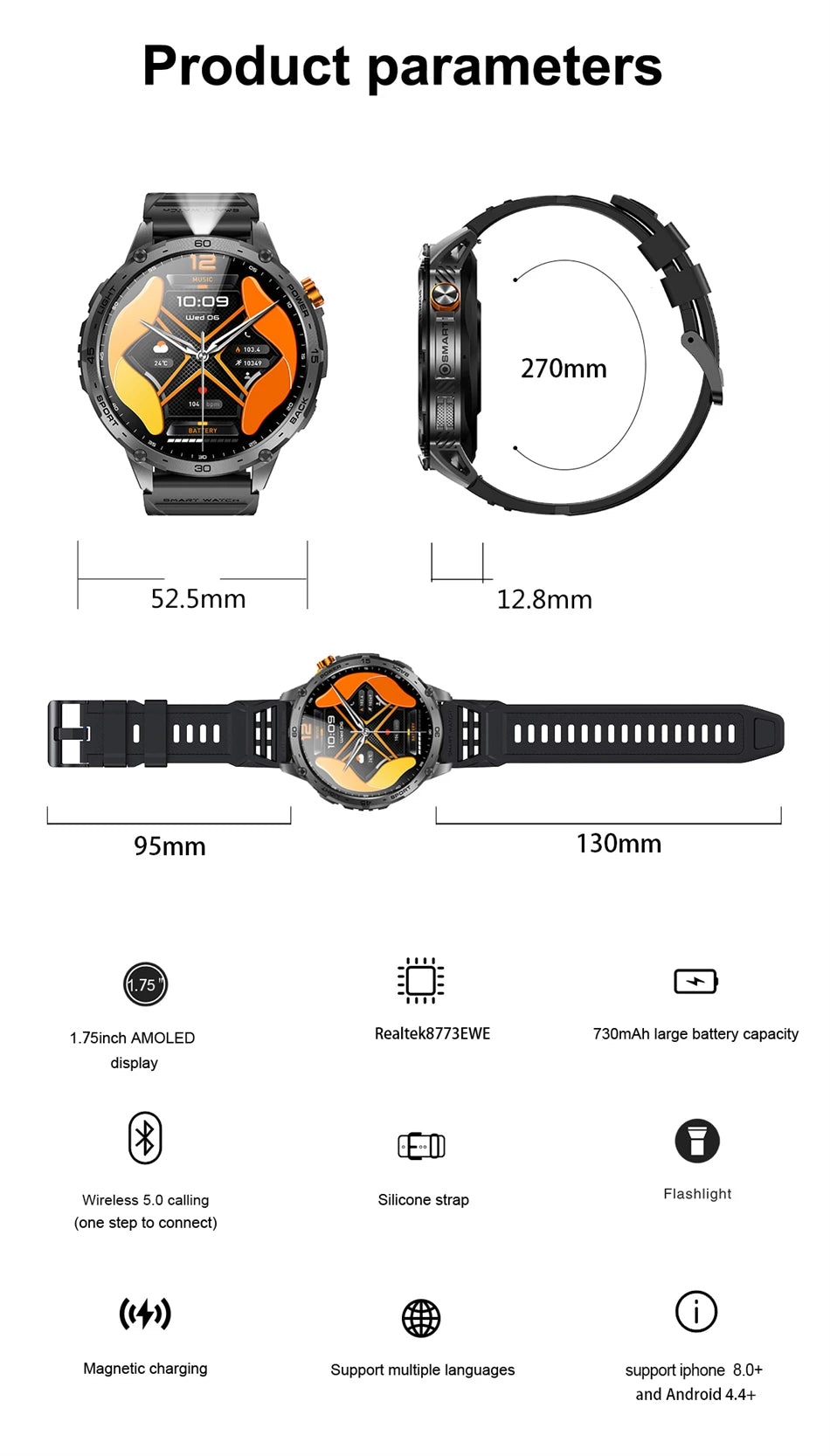 Smartwatch Homme 2026 Écran AMOLED 1.75" Ultra HD – Batterie 730mAh Bluetooth Appel Sport Android iOS