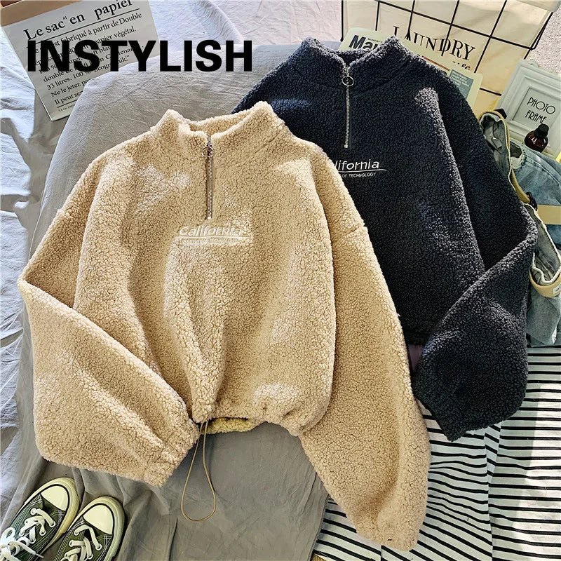 Sweat Court Femme Col Montant Polaire Brodé Cordon Manches Longues Velours Peluche Élégant – Hoodie Crop | Automne