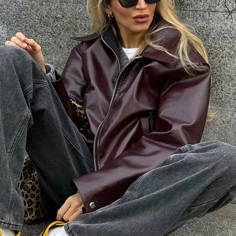Veste En Cuir Streetwear Femme - Blouson Moto Casual Chic Noir & Rouge | Style Urbain