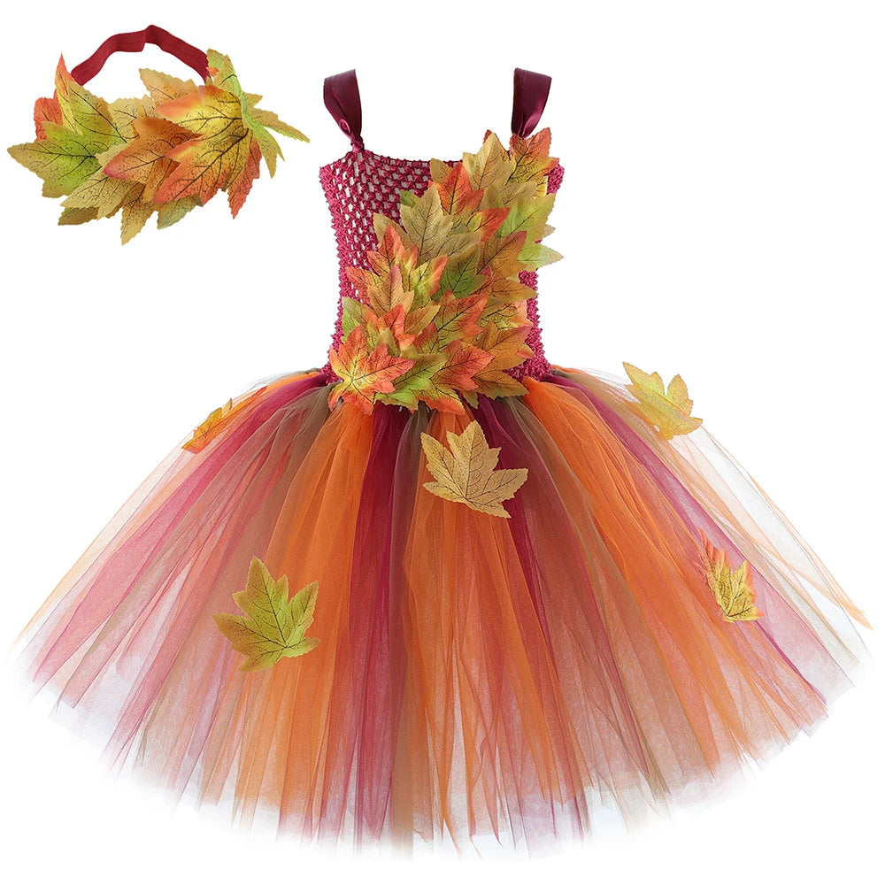 Déguisement Fée des Forêts Fille – Robe Elfe Princesse Feuilles d'Automne avec Ailes Halloween Noël