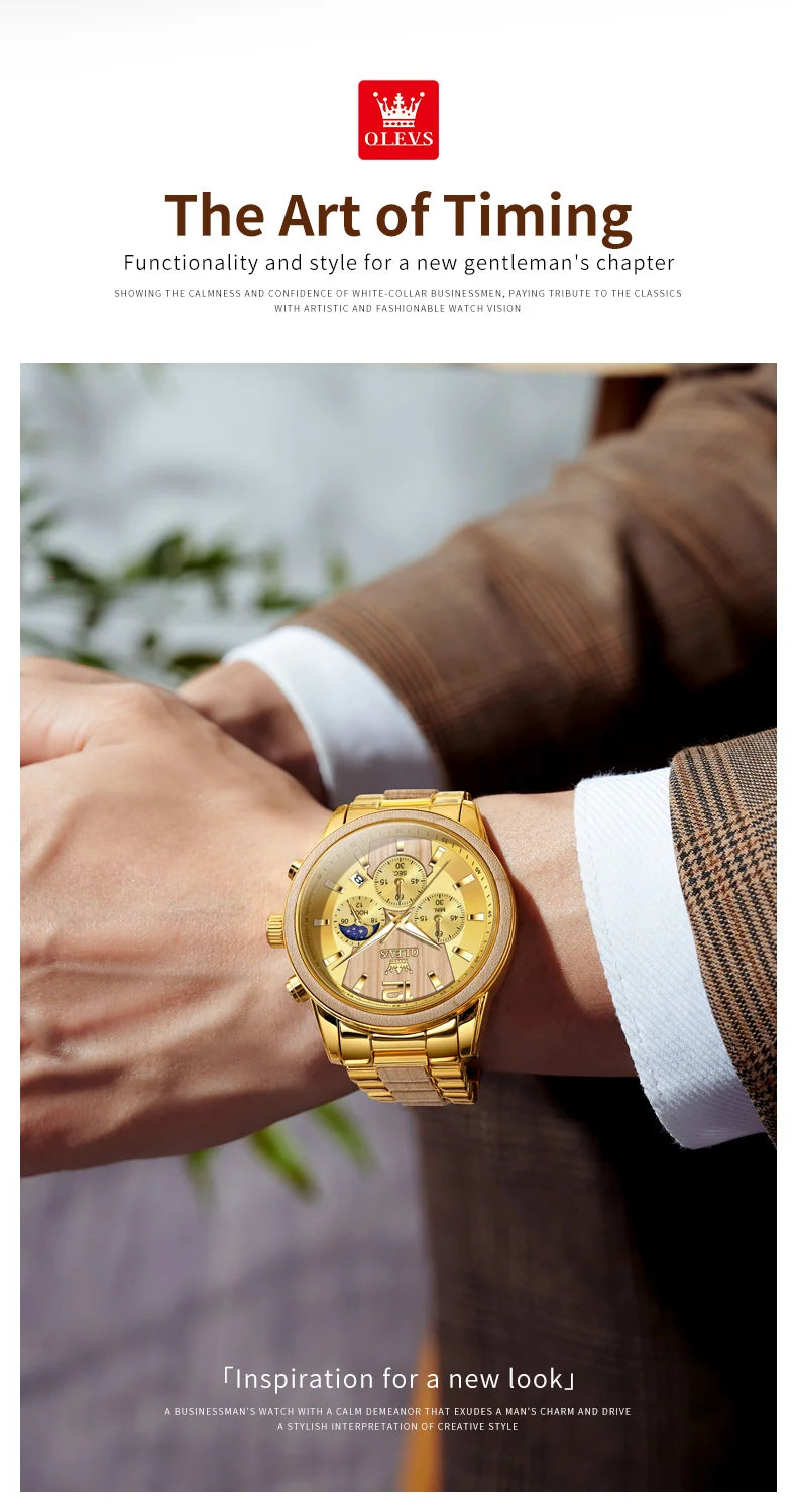 Montre Homme OLEVS Luxe Quartz – Bracelet Acier & Bois Santal Rouge Lumineux Étanche Calendrier