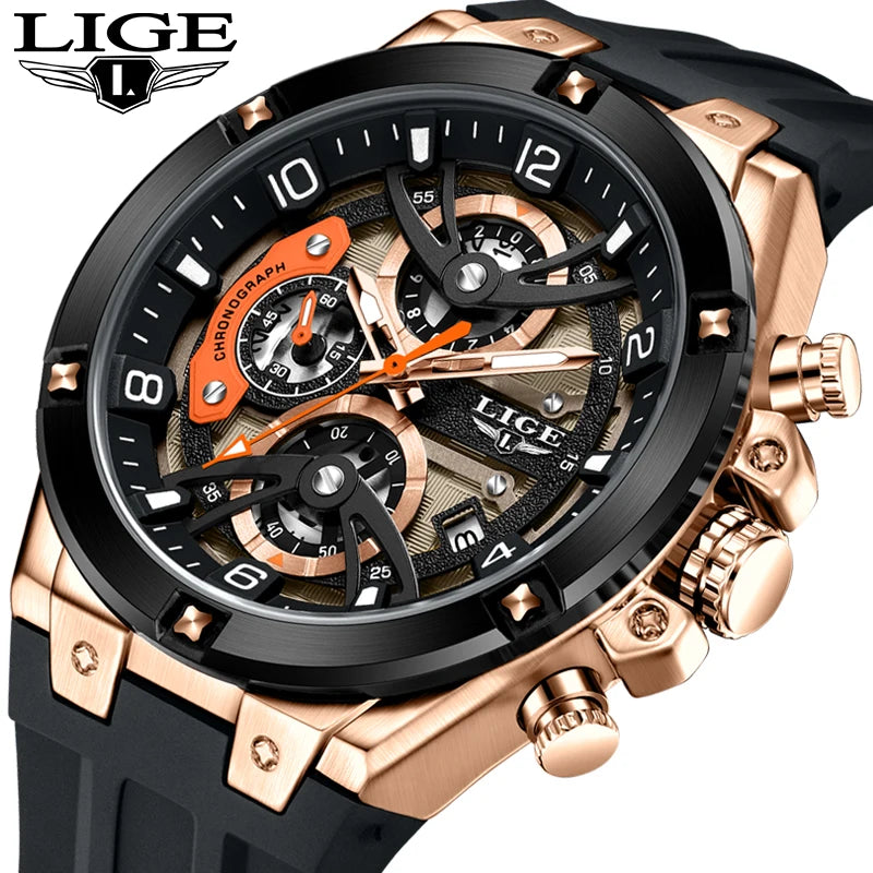 Montre Homme LIGE Militaire Luxe Chronographe Quartz – Lumineux Date Sport Silicone Étanche