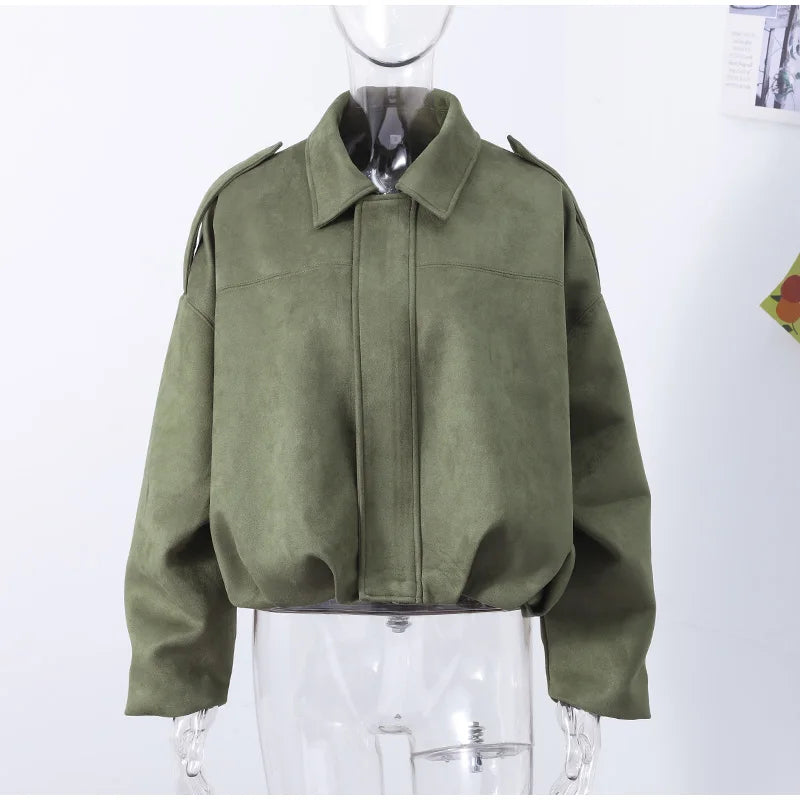Veste Femme Suède Vert Élégante Manches Bouffantes Revers Fermeture Éclair Ample Plissée – Blouson Court Streetwear Printemps Automne | Mode 2025