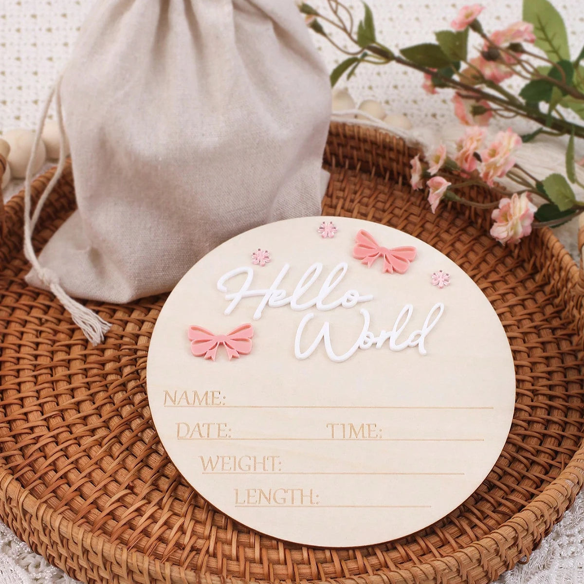 Pancarte Naissance Bébé « Hello World » – Déco Maternité Rose Poudré Papillon Étoile Photo Nouveau-Né