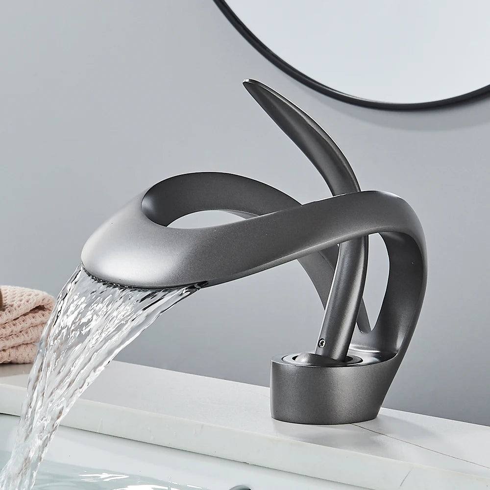 Rozin Robinet Lavabo Luxe Noir & Gris – Effet Cascade, Laiton, Style Moderne | Mitigeur Eau Chaude & Froide Vasque