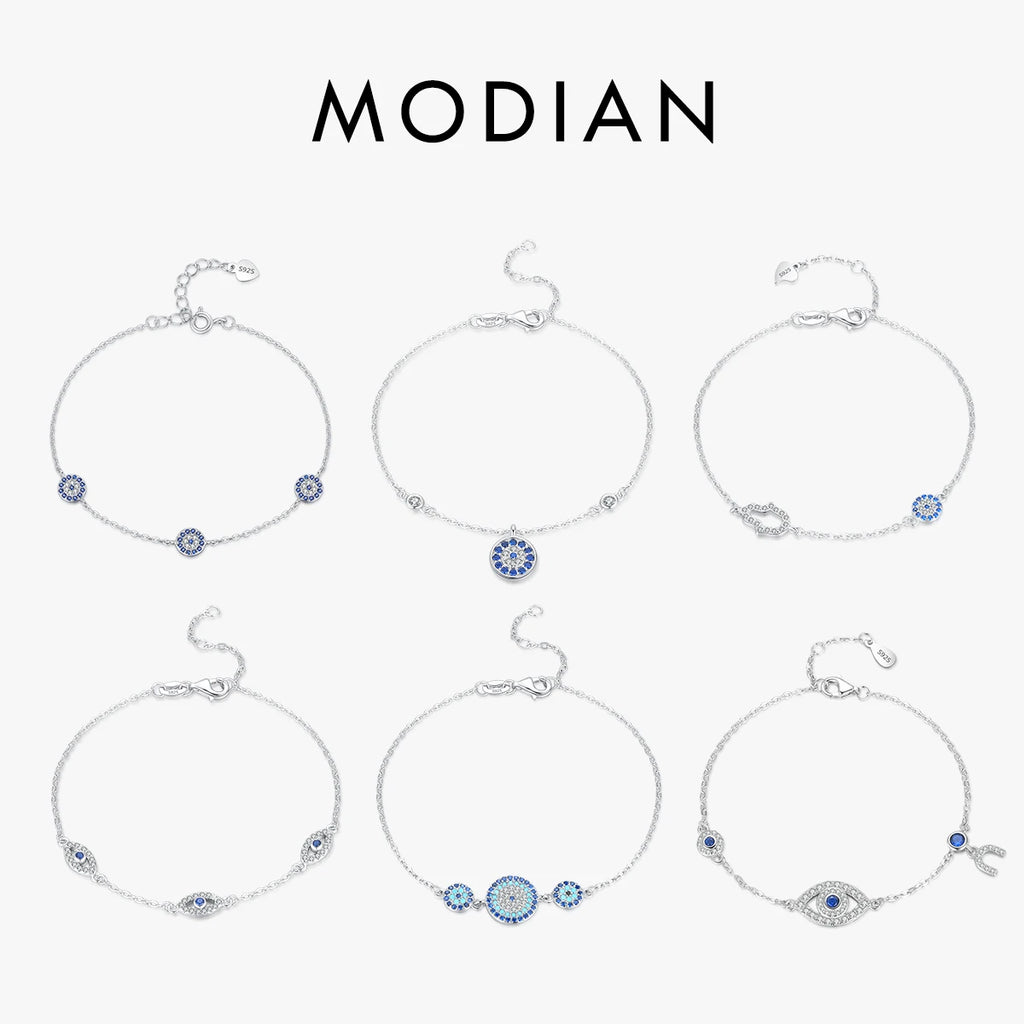Bracelet Argent 925 Pur MODIAN Luxe – Yeux Turquoise Bleu & Zircon Cubique Cristal Transparent | Bijou Fin Femme Chaîne Maille Élégante & Hypoallergénique