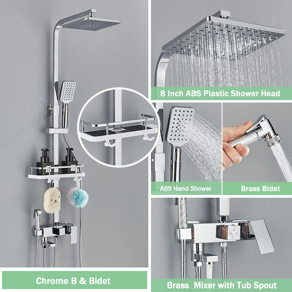 Rozin Ensemble Douche Pluie Mural Noir – Avec Bidet, Étagère & Bec Baignoire | Système Complet Laiton