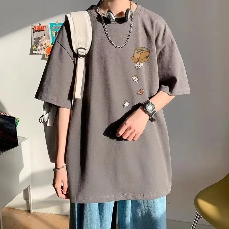 T-Shirt Oversize Unisexe Korean Fashion Imprimé Chaton Cartoon Vintage Américain Manches Courtes Loose Tendance Couple Streetwear Grande Taille M-8XL – Tee Shirt Kawaii Premium | Mode Couple Streetwear Premium
