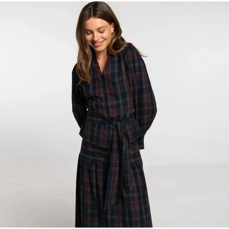 Ensemble 2 Pièces Femme Veste À Carreaux Manches Lanterne Lacets Plissée & Jupe Longue – Tenue Bureau Casual Chic Élégante | Mode