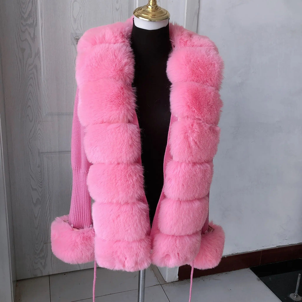 Damen Cardigan Strick Kragen Kunstpelz Fuchs Elegant – Chic & Luxuriöser Pullover Mantel | Frühling Herbst