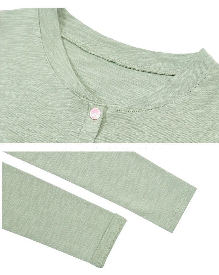 T-Shirt Slub-Baumwolle Langarm V-Ausschnitt Knöpfe - Koreanischer Stil Locker Lässig Frühling