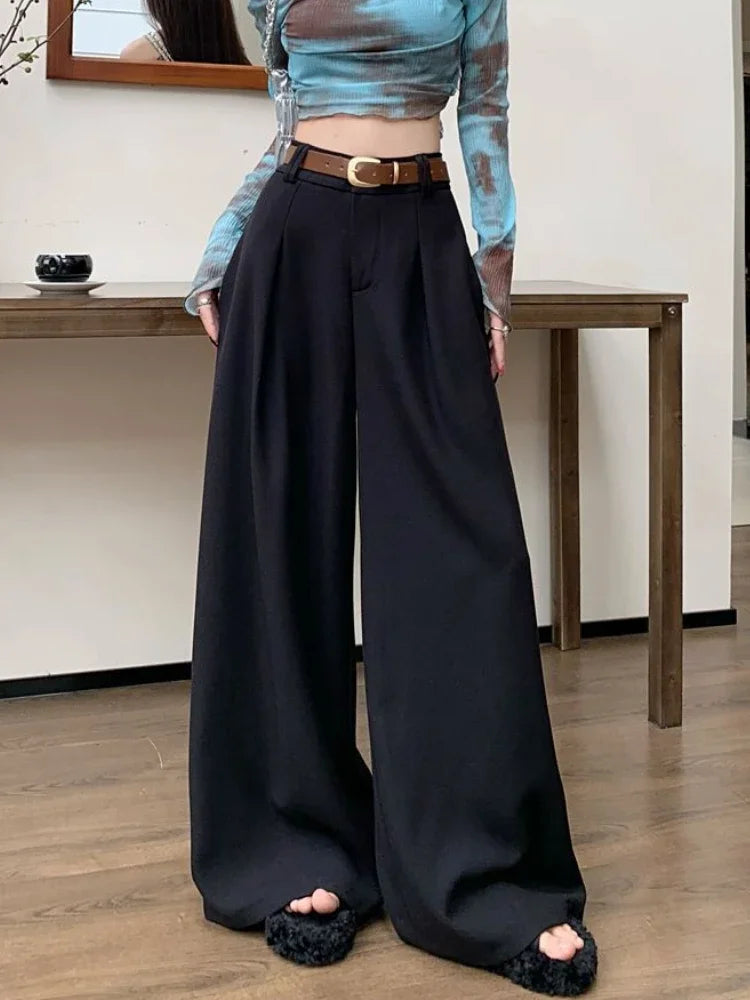 Pantalon Femme Large Taille Haute Uni Élégant Minimaliste Style Bureau Ulzzang – Casual Chic | Printemps Automne