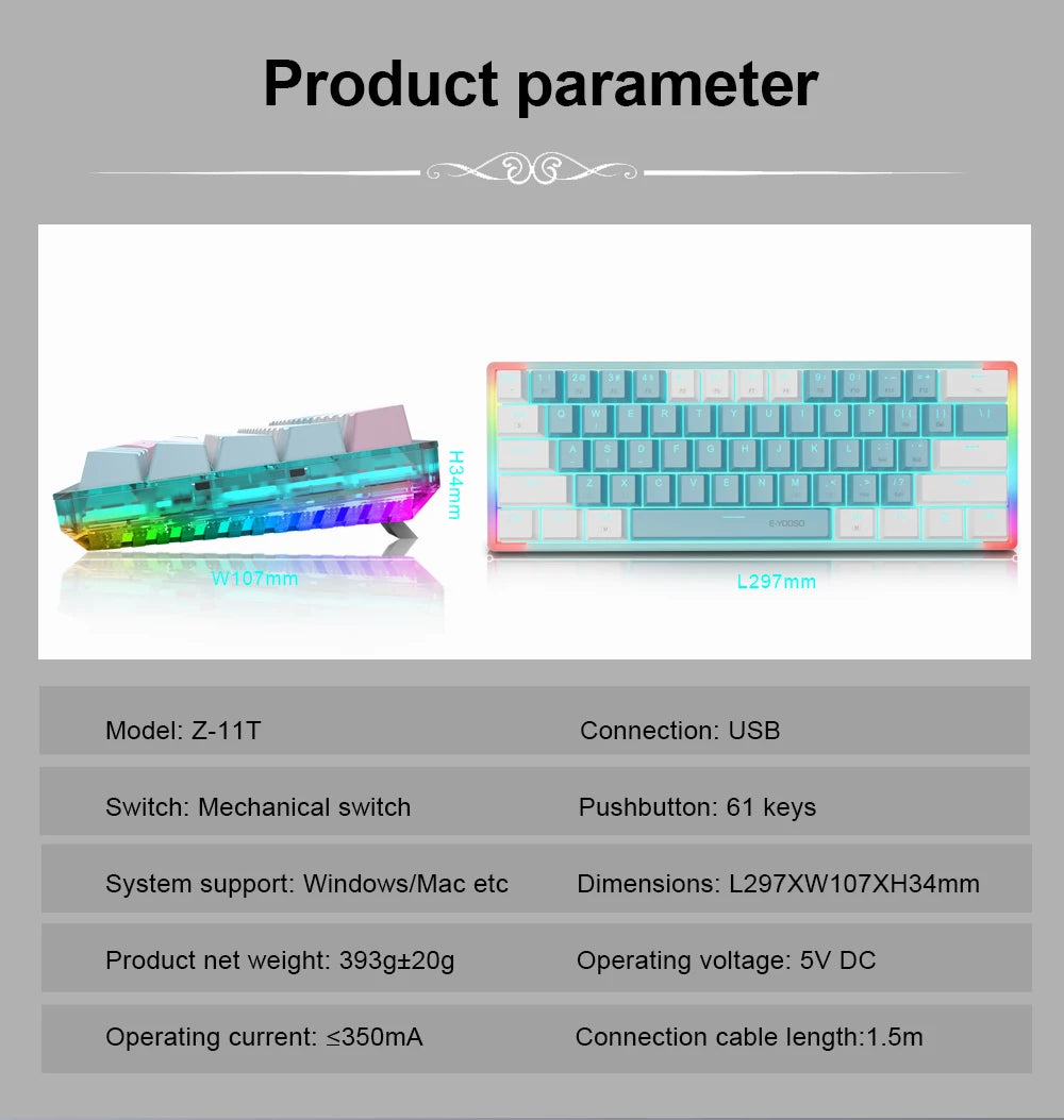 E-YOOSO Z11T Clavier Gaming Mécanique USB – Switch Bleu/Rouge 61 Touches | Russe, Brésilien, Portugais
