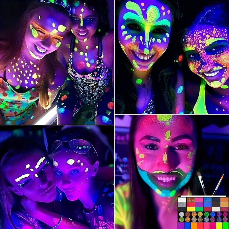 Kit Maquillage Artistique 42 Couleurs – Peinture Visage & Corps UV Néon Fluorescent | Festival Halloween Glitter