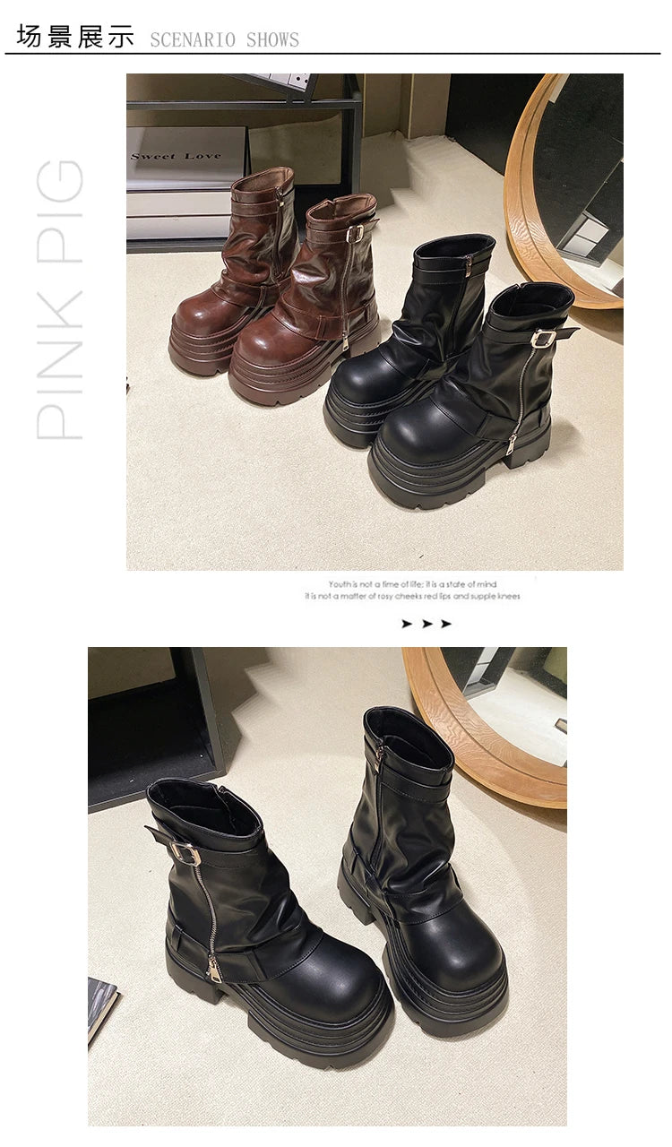 Bottines Cuir Femme 10CM Chunky Platform – Combat Boots Punk Moto Non-Slip Automne Hiver