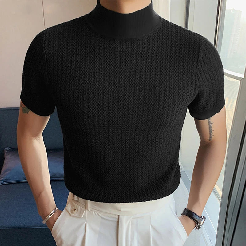 T-Shirt Homme Moulant Col Haut Texturé Couleur Unie Manches Courtes Style Coréen K-Fashion Streetwear Casual Été | Tee Shirt Col Haut K-Fashion Premium