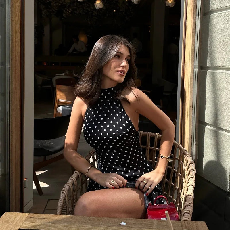 Mini Robe Femme Pois Élégante Épaules Dénudées Dos Nu Taille Haute Halter – Y2K Club & Soirée | Été