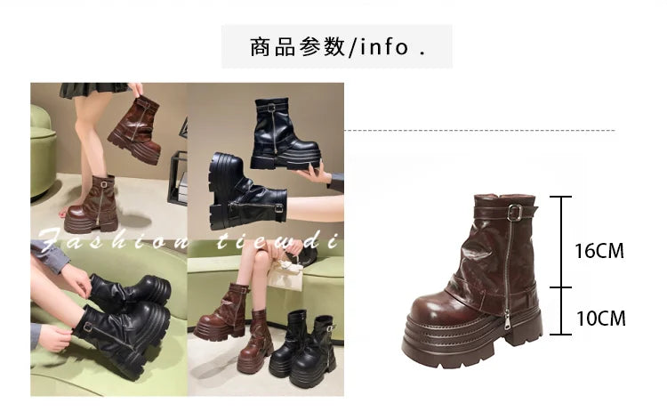 Bottines Cuir Femme 10CM Chunky Platform – Combat Boots Punk Moto Non-Slip Automne Hiver
