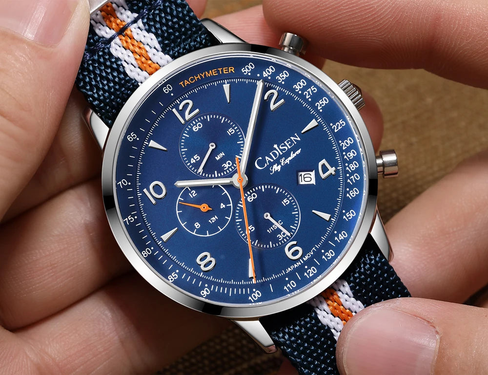 Montre Homme Luxe CADISEN Chronographe Quartz Japonais MIYOTA Bracelet Toile – Étanche Fashion