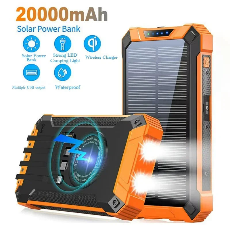 Power Bank Solaire 20000mAh – Charge Rapide Sans Fil 4 Câbles LED Lampe Torche Multifonction