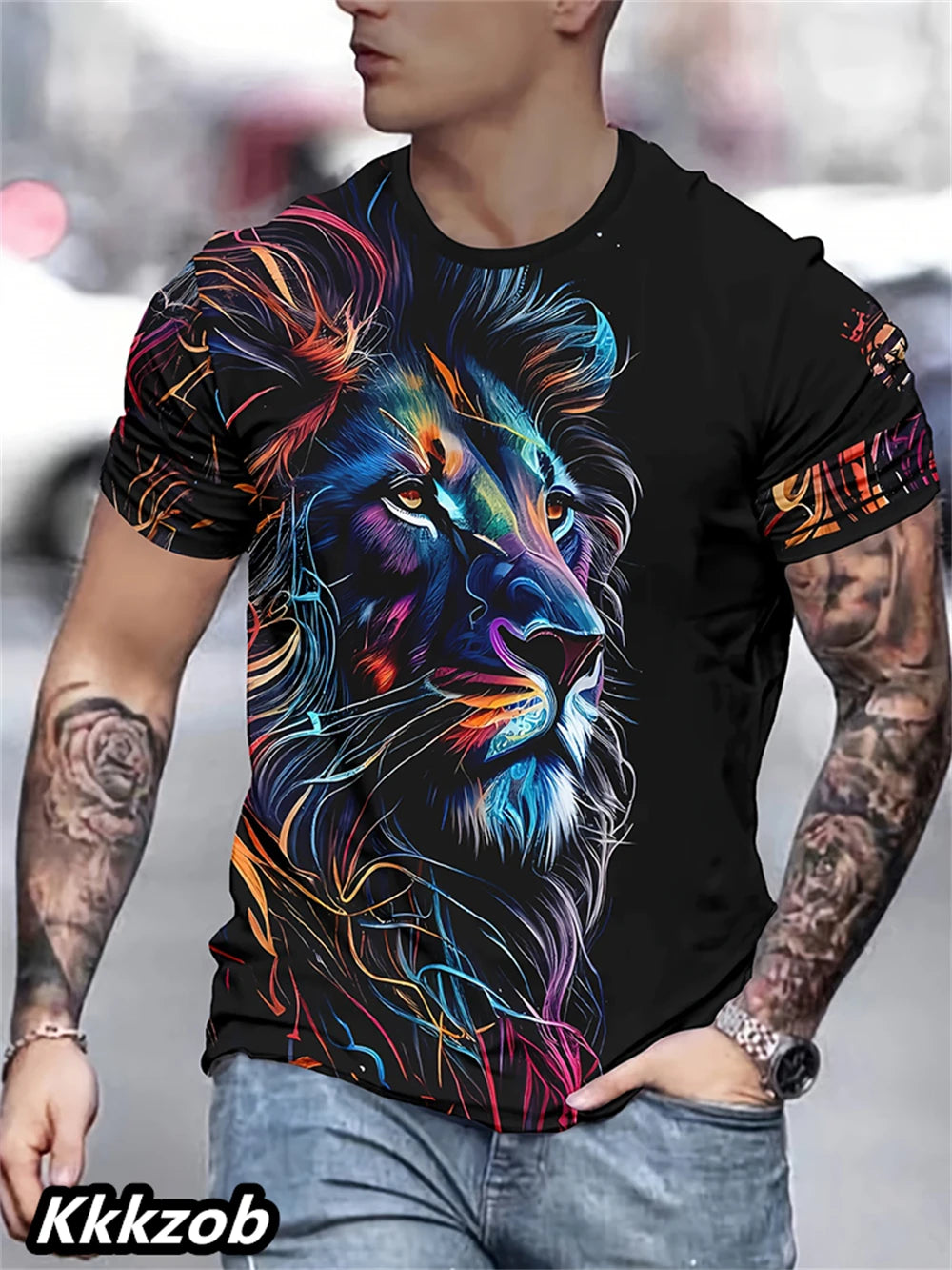 T-Shirt Homme Imprimé Lion Col Rond Manches Courtes Doux Respirant – Casual Outdoor Activités Été Essentiel | Mode Homme Nature