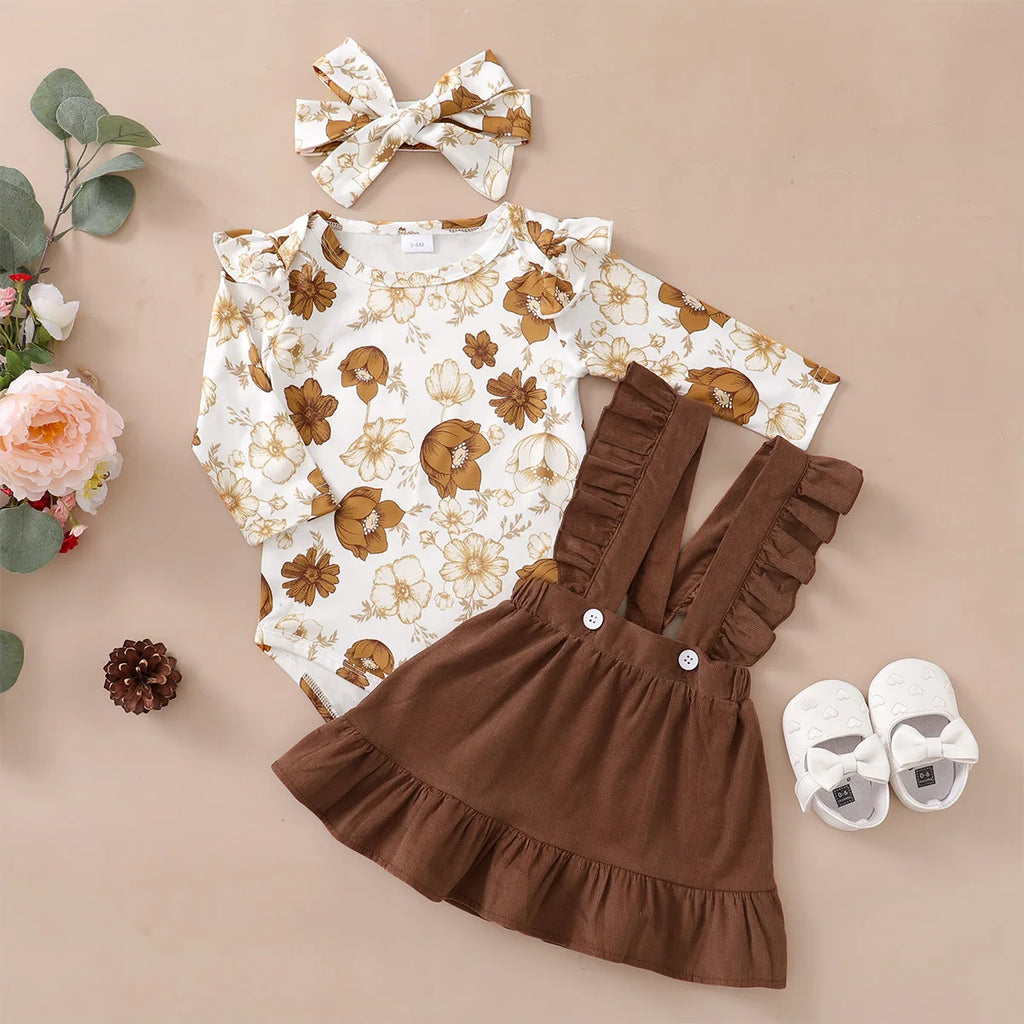 Tenue 3 Pièces Bébé Fille Fleurie – Top Manches Longues + Jupe Bretelles + Bandeau 0-12 Mois