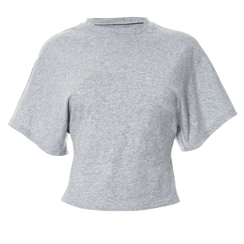 T-Shirt Crop Top Femme Gris Col Rond Style Corset – Casual Solid Streetwear | Printemps Été