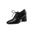Loafers Bout Carré Chunky Heel Cuir Femme – Lacets Retro Noir Plus Size Printemps Automne