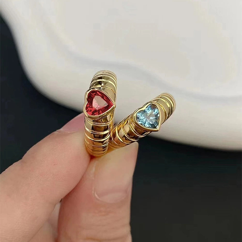 Bague Vintage Cœur Aigue-Marine & Rubis 6MM Plaqué Or 18K Argent 925 – Pierre Précieuse Naturelle | Joaillerie Luxe Femme | Cadeau Bijou Premium