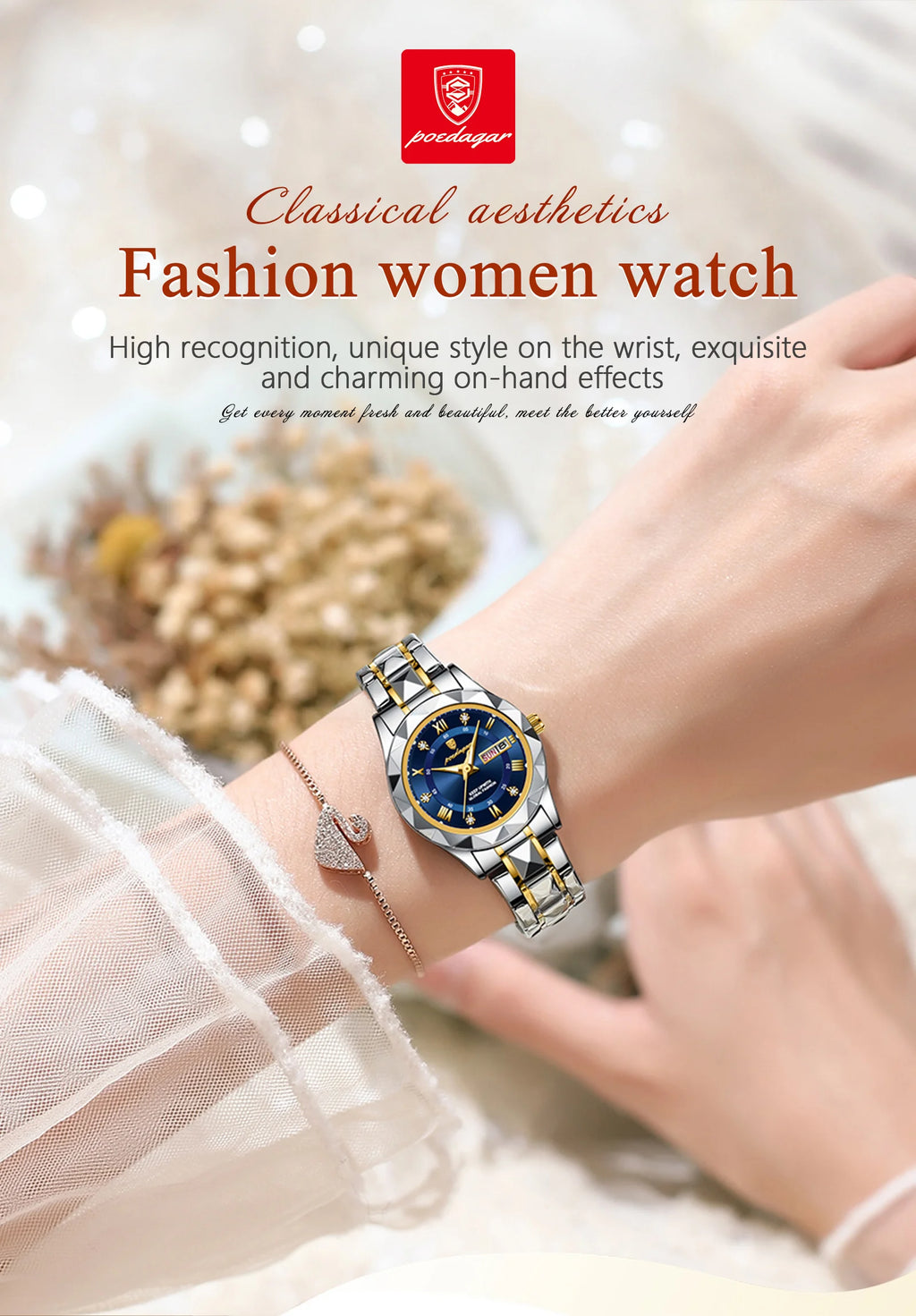 Montre Femme POEDAGAR Élégante Luxe Quartz – Lumineuse Étanche Semaine Date Acier Fashion